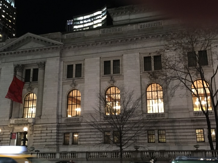 New York Public Library, main branch, at night on the 42 Street side.